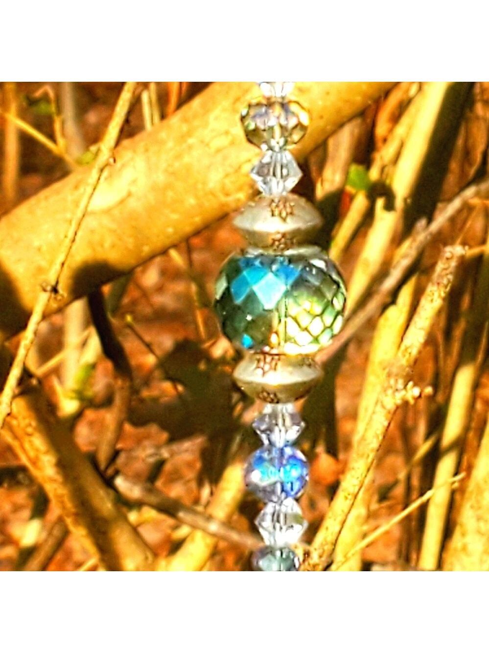 Firefly Blue SUNCATCHER, One-of-a-Kind Handcrafted Beaded Glass & Clear Crystal